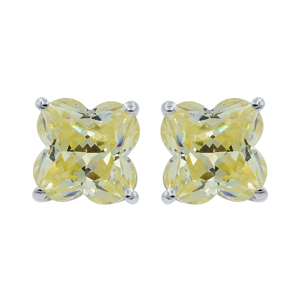 Pendientes de plata 925 con diamante amarillo de cuatro hojas de corte de trébol cz 