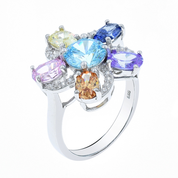 anillo de plata en forma de flor arco iris de moda 