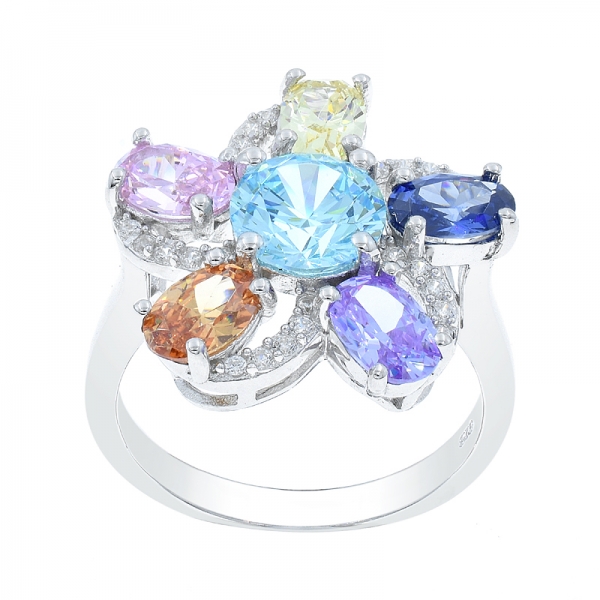 anillo de plata en forma de flor arco iris de moda 