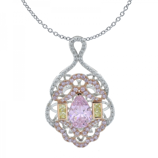 Collar de mujer preciosa 925 con forma de pera de fantasía rosa diamante cz 