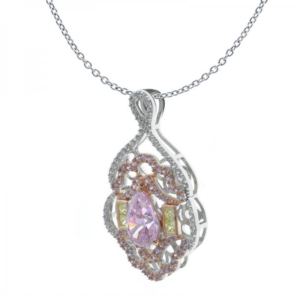 Collar de mujer preciosa 925 con forma de pera de fantasía rosa diamante cz 