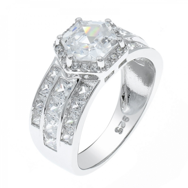 moda damas 925 hexágono de plata anillo halo 