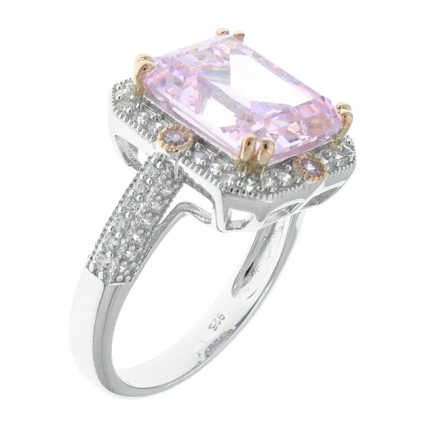 joyería de lujo plata de ley 925 corte esmeralda diamante rosa cz anillo 