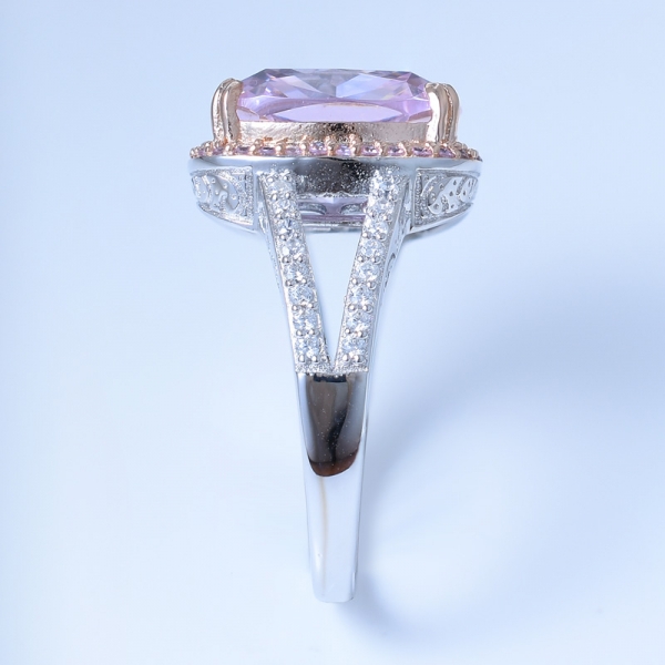 Anillo de plata 925 con halo de diamante rosa cz y caña dividida 