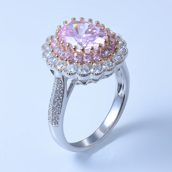 Conjunto de joyas de plata 925 con flores y diamantes rosa cz. 