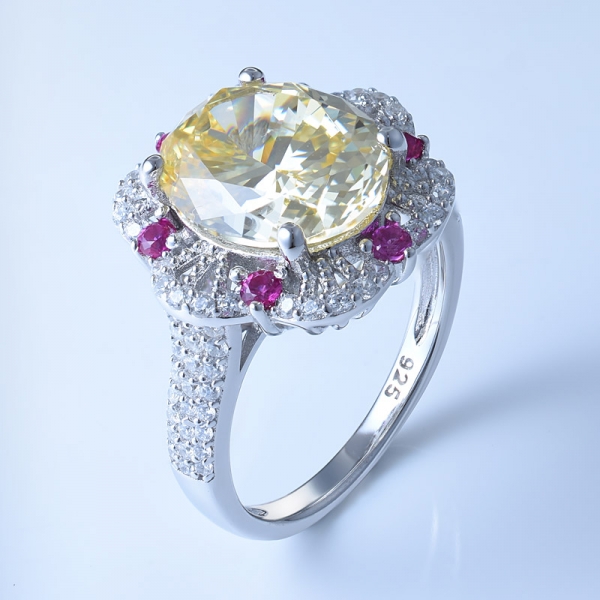Diamante brillante color amarillo cz con corsón rojo anillo de plata de ley 925 adornado 