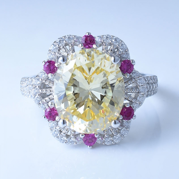 Diamante brillante color amarillo cz con corsón rojo anillo de plata de ley 925 adornado 