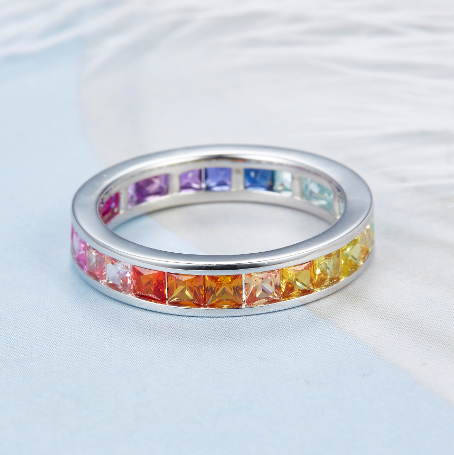 Configuraciones de anillo de color arco iris de corte princesa de plata esterlina 925 al por mayor para mujeres 