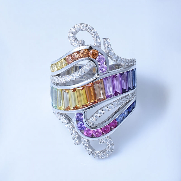 anillos de plata al por mayor del compromiso del vintage del color del arco iris del baguette 