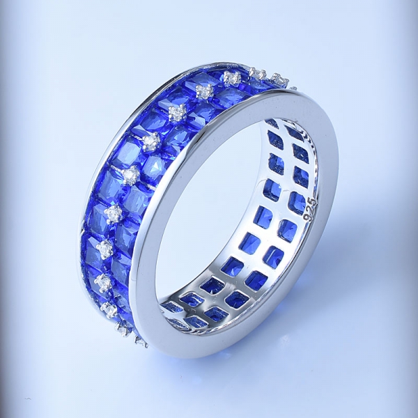 laboratorio cuadrado creado zafiro azul hermoso anillo de plata patrón 