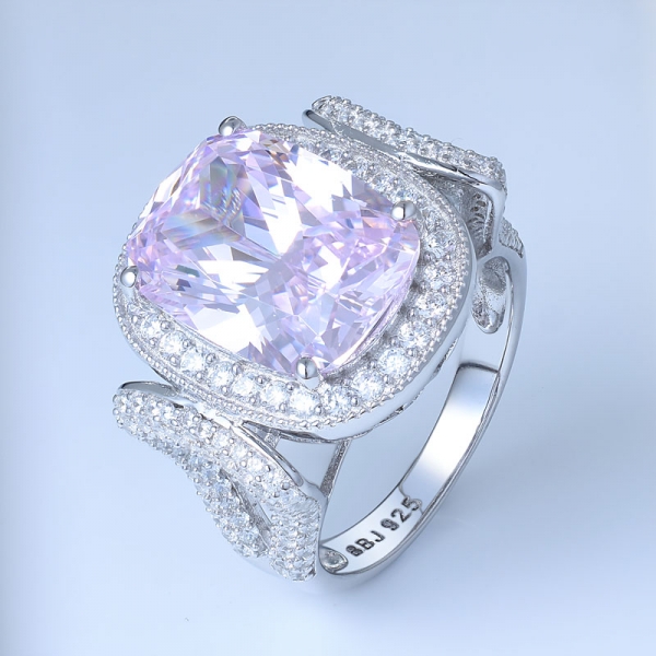 princesa simular rodio central de diamantes de color rosa con rodio sobre anillo de fiesta de plata esterlina 