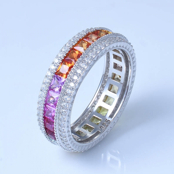 rodio colorido del arco iris sobre 925 anillos de compromiso de corte princesa de plata esterlina 