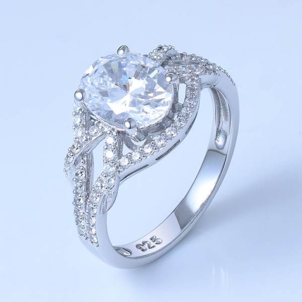 ovalado cz rodio blanco sobre 925 anillos de compromiso de bodas de plata esterlina 