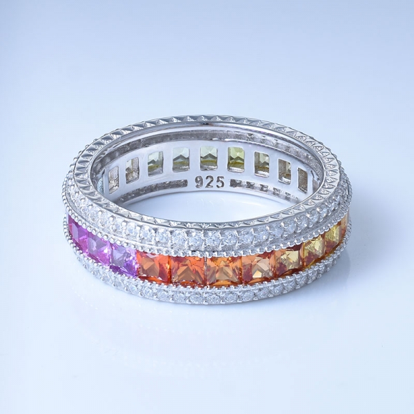 rodio colorido del arco iris sobre 925 anillos de compromiso de corte princesa de plata esterlina 