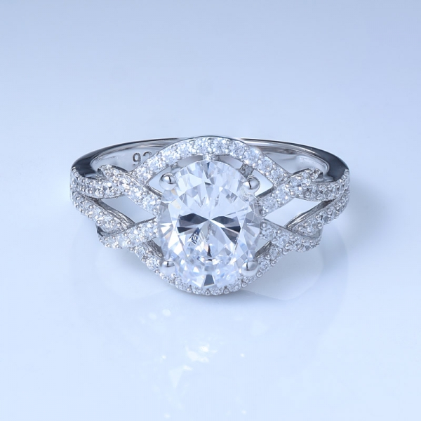 ovalado cz rodio blanco sobre 925 anillos de compromiso de bodas de plata esterlina 