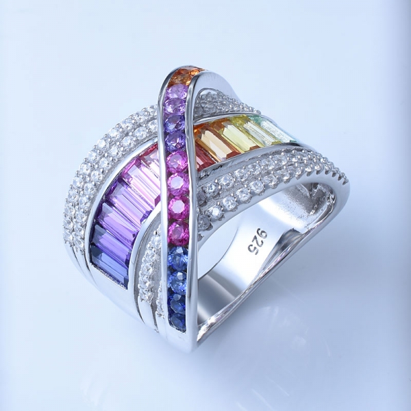 arcoíris multicolor rodio sobre plata esterlina riband anillos 