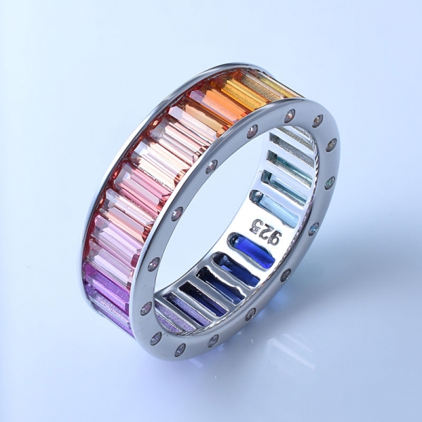 baguette corte corindón multicolor rodio sobre plata esterlina arco iris anillos para mujeres 
