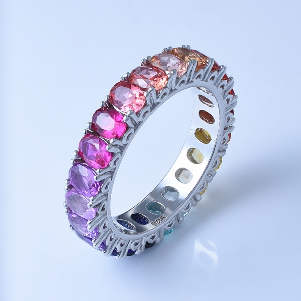 Oval multicolor corindón rodio sobre plata esterlina clásico arco iris eternidad anillo 