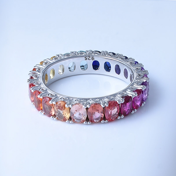 Oval multicolor corindón rodio sobre plata esterlina clásico arco iris eternidad anillo 