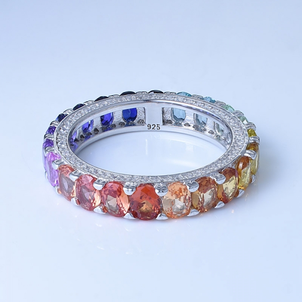 ovalado corte multicolor corindón rodio sobre plata esterlina anillo arcoiris femenino 