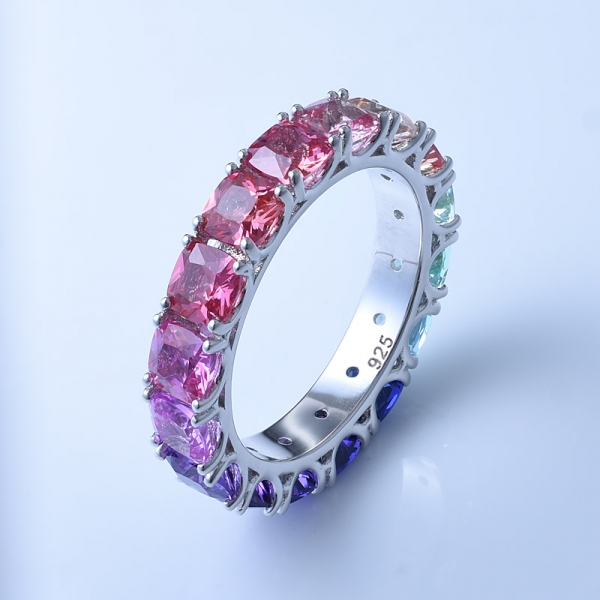 corte de cojín de corindón de múltiples colores de rodio sobre plata esterlina arco iris conjunto de joyas anillo de arco iris 