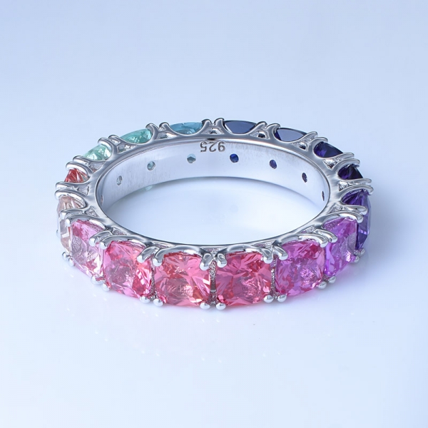 corte de cojín de corindón de múltiples colores de rodio sobre plata esterlina arco iris conjunto de joyas anillo de arco iris 