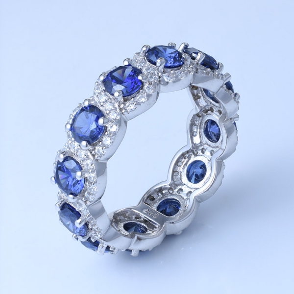 Anillo de plata de ley 925 con anillo de eternidad de tanzanita azul redondo 