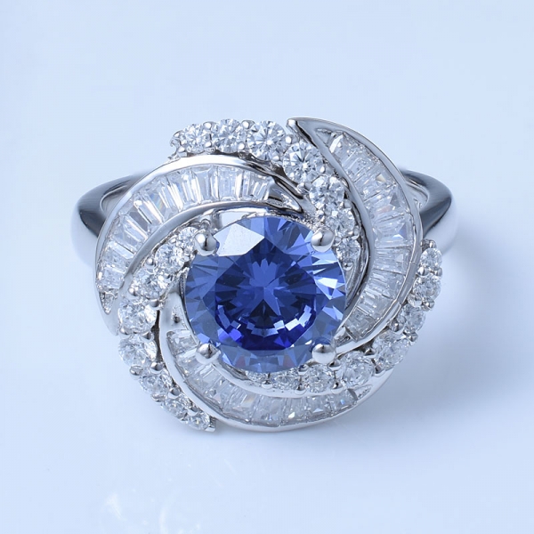 2 ct redondo azul tanzanita cz rodio sobre plata esterlina anillos de compromiso de corte redondo 