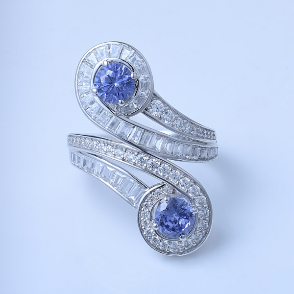 tanzanita azul cz rodio sobre esterlina 2 piedras anillo de forma libre 