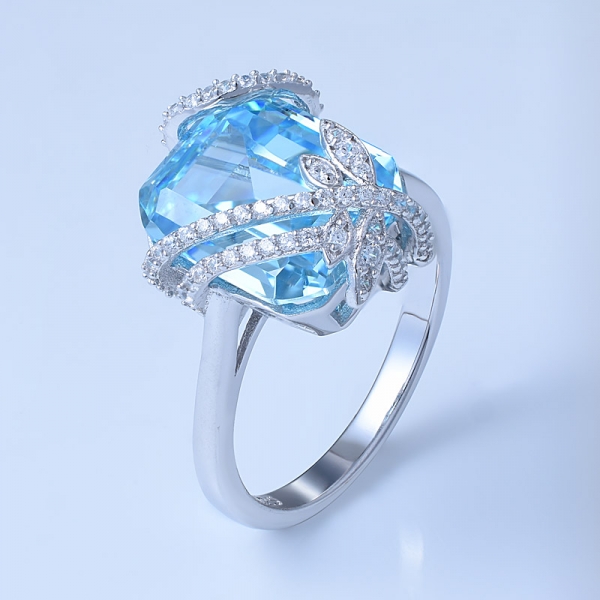 8.0ctw esmeralda corte aqua azul cz sobre plata esterlina flor anillo conjunto de joyas 