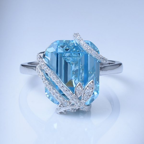8.0ctw esmeralda corte aqua azul cz sobre plata esterlina flor anillo conjunto de joyas 