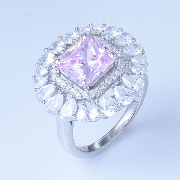 3.0 quilates princesa corte diamante rosa simular cz aleación única starburst diseño anillo de compromiso de boda halo conjuntos nupciales 