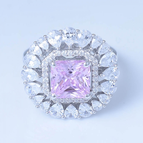 3.0 quilates princesa corte diamante rosa simular cz aleación única starburst diseño anillo de compromiso de boda halo conjuntos nupciales 
