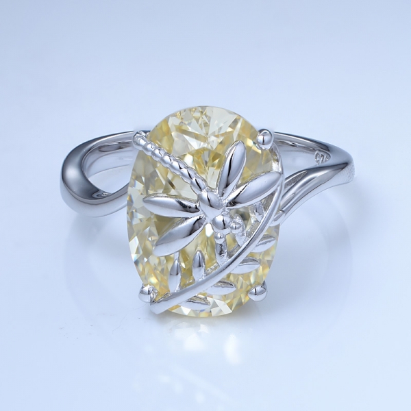 anillo de libélula de promesa de novia de diamante simulado amarillo claro ovalado de circonio cúbico para mujer 