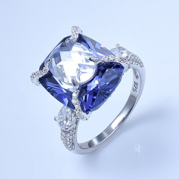 elegante cojín hecho a mano tanzanita azul plata esterlina 925 anillos de aniversario de 2 piedras 
