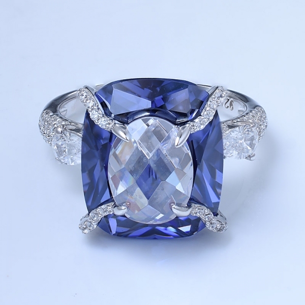 elegante cojín hecho a mano tanzanita azul plata esterlina 925 anillos de aniversario de 2 piedras 