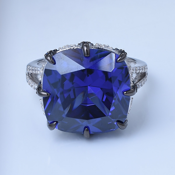 corte de cojín creado rodio tanzanita azul sobre anillo de novia de compromiso de plata de ley 925 
