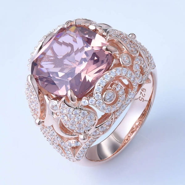corte de cojín simular rosa de oro rosa de 18 quilates sobre anillos de joyería de plata de ley 925 para mujer 