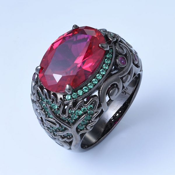 creado corindón de rubí negro sobre anillos de novia de plata esterlina 