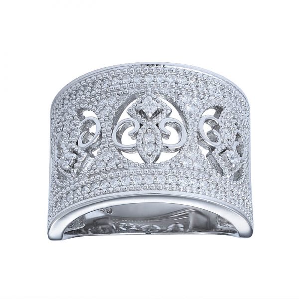 anillos clásicos chapados en oro blanco con anillo de plata esterlina 925 de banda ancha pavimentada con cz transparente 