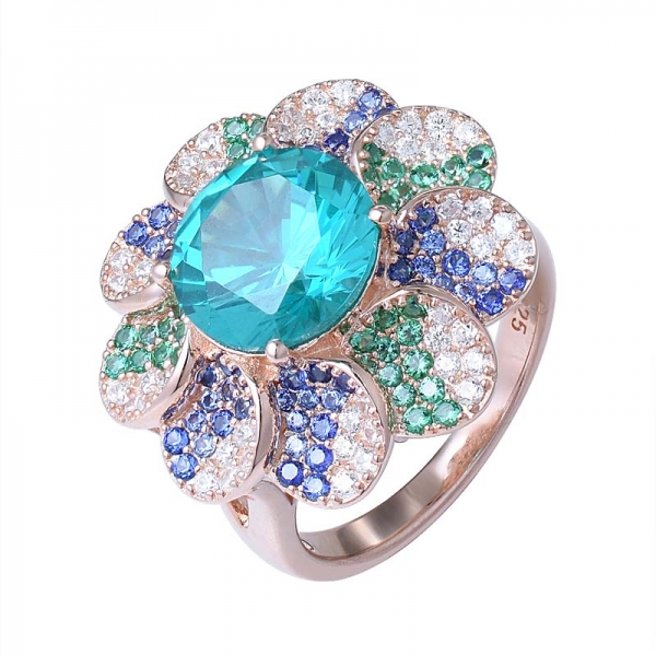 Anillo de piedras preciosas de plata esterlina al por mayor 4.0ct corte redondo paraiba azul topacio flor forma anillo 