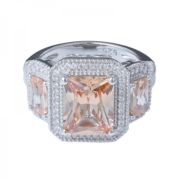 forma de esmeralda champagne cristal 3 piedras rhinestone y marcasita halo anillo 