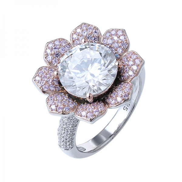 Nuevo diseño de estilo de la flor 10.0 mm Ronda centro blanco cz anillo de compromiso de diamantes 
