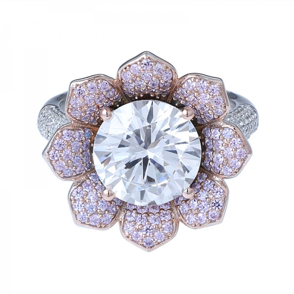 Nuevo diseño de estilo de la flor 10.0 mm Ronda centro blanco cz anillo de compromiso de diamantes 