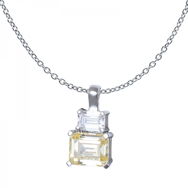925 Plata de ley Cubic Zirconia Diamante Amarillo CZ Corte Esmeralda 2-Colgante de Piedra 