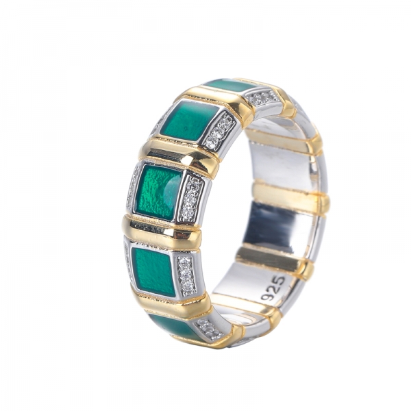  925 esmalte verde Con blanco CZ anillo de oro amarillo sobre plata de ley 