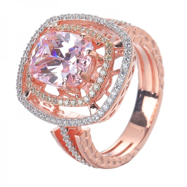 elegante diamante rosa CZ centro anillo de oro rosa y rodio sobre plata esterlina 