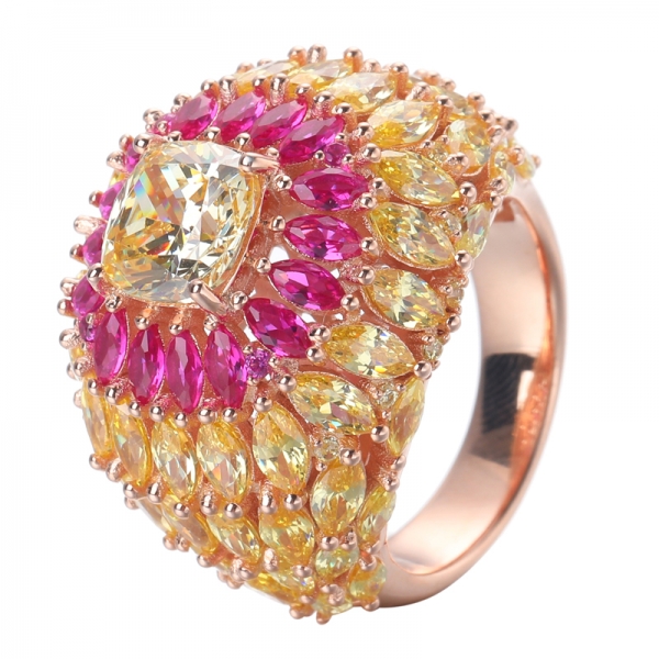 cojín canario Con marquesa de laboratorio creado rubí Y amarillo CZ anillo de oro rosa sobre plata esterlina 