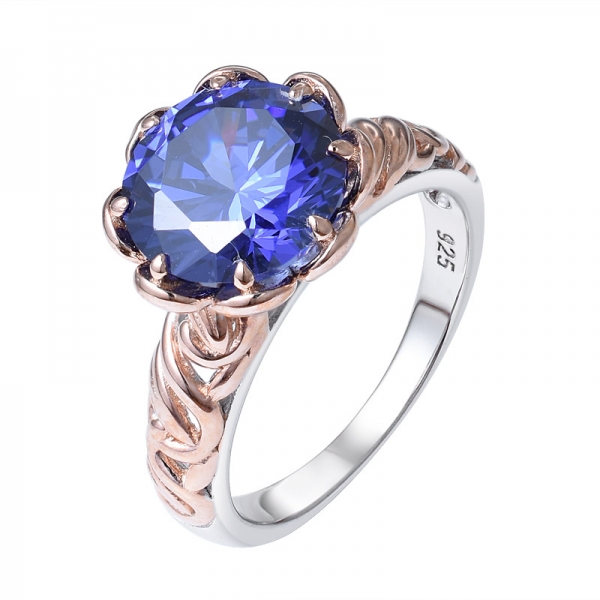  925 plata de ley 3.5ct redondo creado azul Tanzanita  y anillo de compromiso de diamantes blancos 