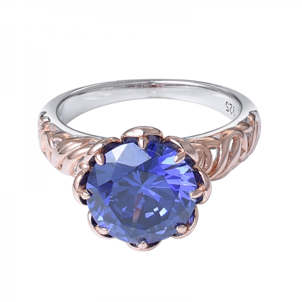  925 plata de ley 3.5ct redondo creado azul Tanzanita  y anillo de compromiso de diamantes blancos 